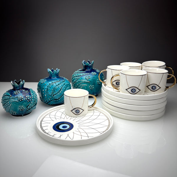 Nazar Espresso-Set 12-teilig (6 Tassen + 6 Untertassen) – Weiß/Blau mit Gold