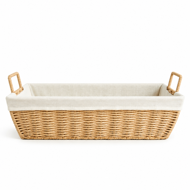 Wäschekorb geflochten mit Deckel & Leinenfutter – Natur, 58 × 40 × 15 cm
