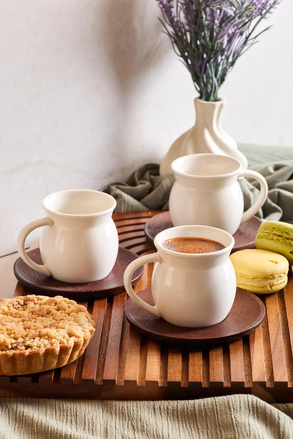 Retro Cube Porzellan-Kaffeetassen mit Akazien-Untertellern – 6er Set, Weiß (ca. 90 ml)