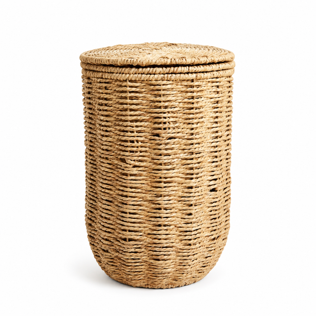 Badezimmer-Abfalleimer geflochten mit Deckel – Natur, 22 × 22 × 31 cm