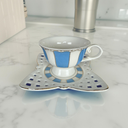 6-teiliges Mokkatassen-Set mit blauen Akzenten & Spitzentellern