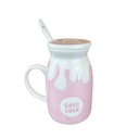 Keramik-Milchbecher mit Deckel und Löffel – Rosa Tropfen
