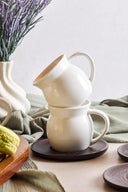 Retro Cube Porzellan-Kaffeetassen mit Akazien-Untertellern – 6er Set, Weiß (ca. 90 ml)