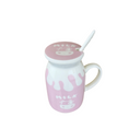 Keramik-Milchbecher mit Deckel und Löffel – Rosa Tropfen