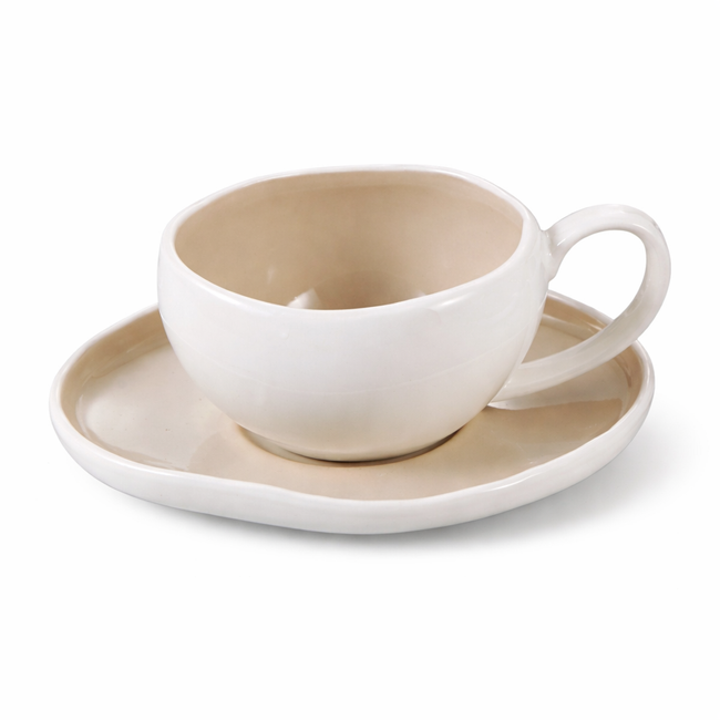 Almina Wave Cream Kaffeeservice 12-teilig – 6 Kaffeetassen mit Untertellern aus Porzellan, 215 ml