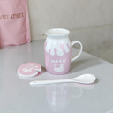 Keramik-Milchbecher mit Deckel und Löffel – Rosa Tropfen