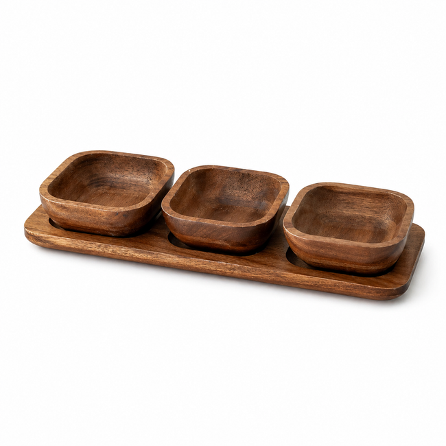 Akazie Element Schalen Set Servierschalen mit Tablett 33 x 10.8 cm