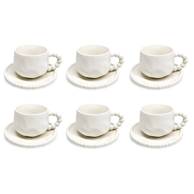 Kaffeetassen Set mit Untertassen 12-teilig 180 ml – Pearly Porzellan Weiß