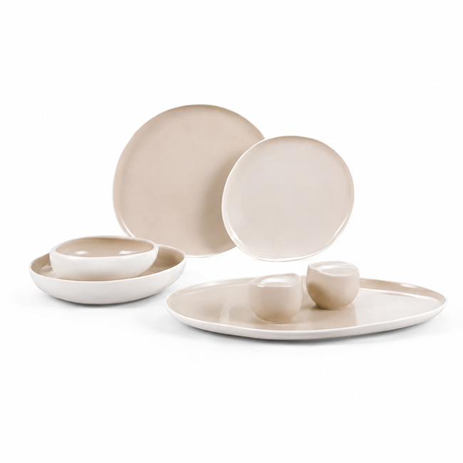 Almina Wave Cream Tafelservice 27-teilig – Porzellan Geschirrset für 6 Personen mit Servierplatte & Salz-/Pfefferstreuern
