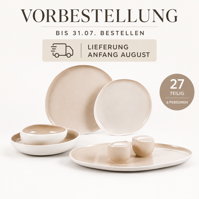 ⚠️ VORBESTELLUNG bis 31.07 - Almina Wave Cream Tafelservice 27-teilig – Porzellan Geschirrset für 6 Personen mit Servierplatte & Salz-/Pfefferstreuern