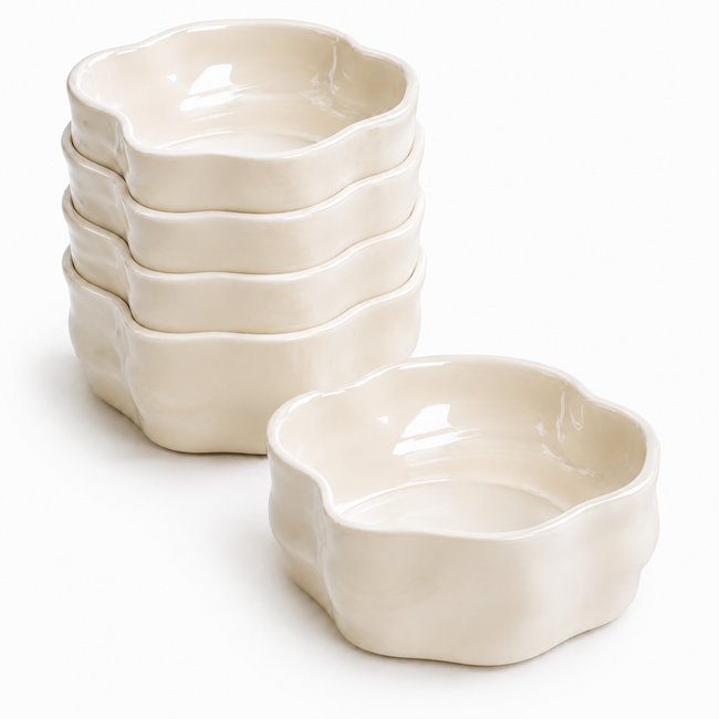 Nordic Müslischalen Set Creme Glänzend 6-teilig – Porzellan Dessertschalen 12 cm