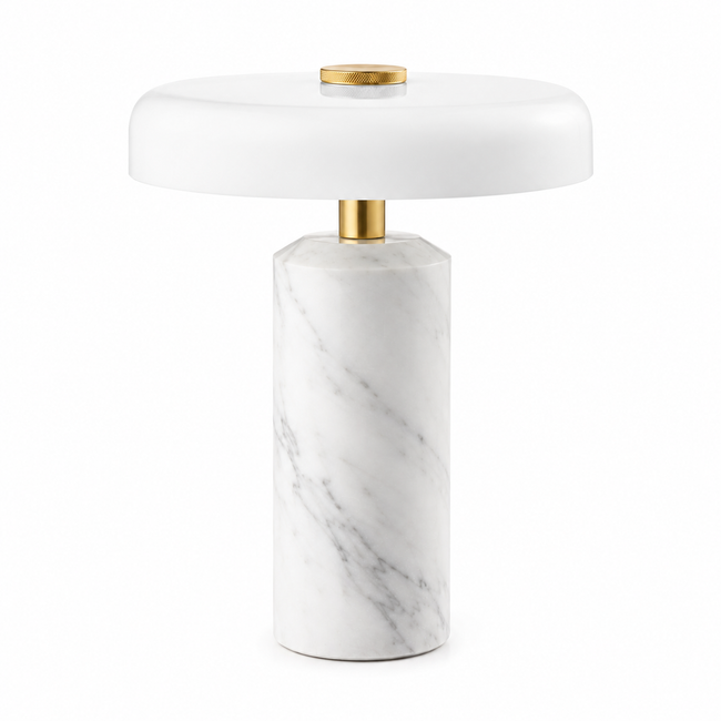 Akku Tischlampe aus weissem Naturmarmor mit Glasschirm – 23 cm