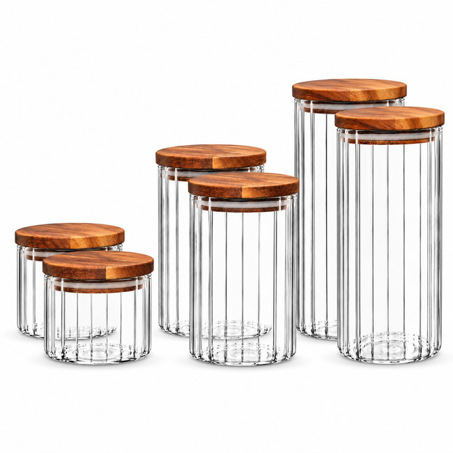 Vorratsgläser 6er Set mit Akazienholzdeckel – 500/1000/1500 ml | Borosilikatglas