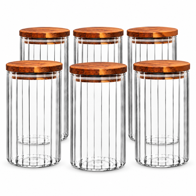 Vorratsgläser 6er Set mit Akazienholzdeckel – 1000 ml | Borosilikatglas