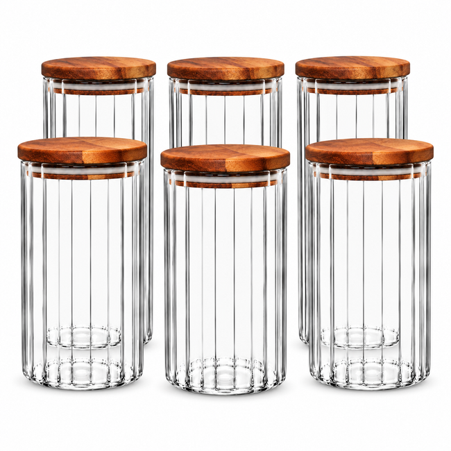 Vorratsgläser 6er Set mit Akazienholzdeckel – 1,5 Liter | Borosilikatglas